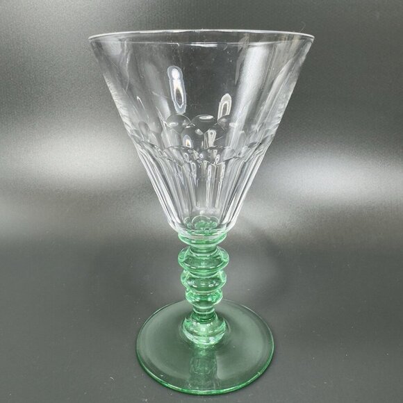 Seneca Theodule Green and Clear Top Uranium Stem Optic Cut Top Goblet Cups Set 2 - Picture 5 of 16